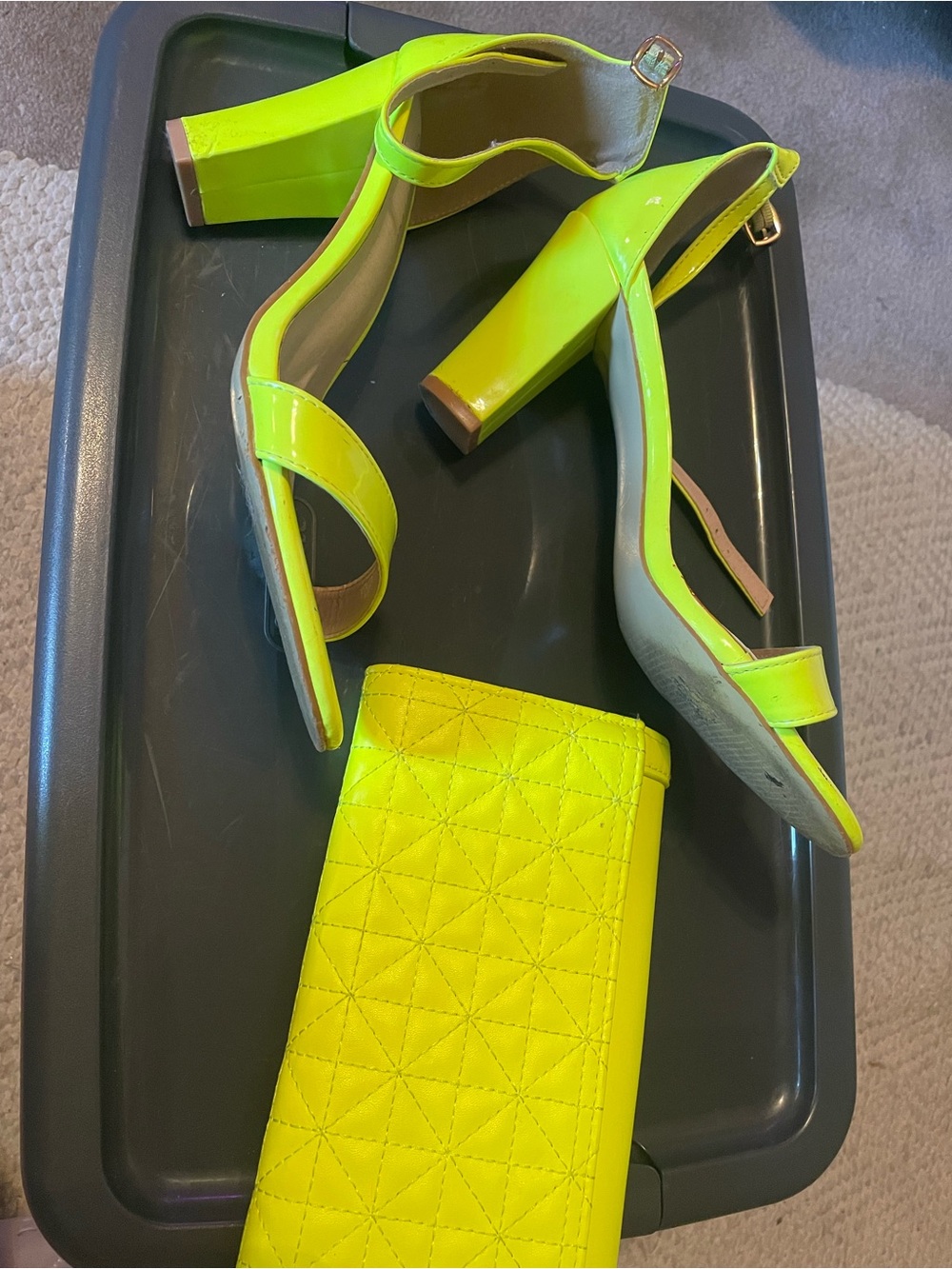 Neon Yellow Patent Block Heel Sandals with Matching Clutch